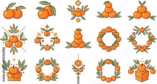 Orange fruit decorative wreath vector set with citrus arrangements, leaves and ornamental compositions, festive botanical design collection isolated on white background