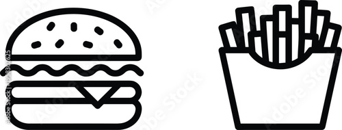 Minimal burger and french fries icons line style fast food symbols simple black outline vector illustration modern design