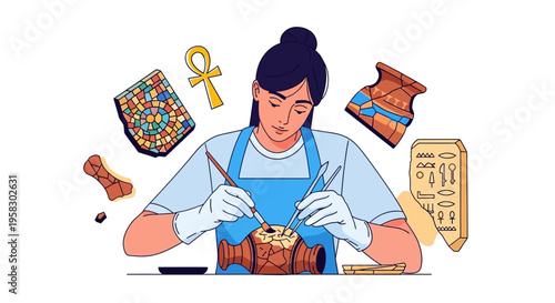 Archaeologist meticulously restoring ancient Egyptian artifact with tools.