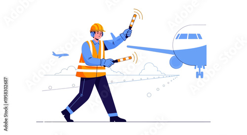 Airport ground crew member directing aircraft with signal wands.