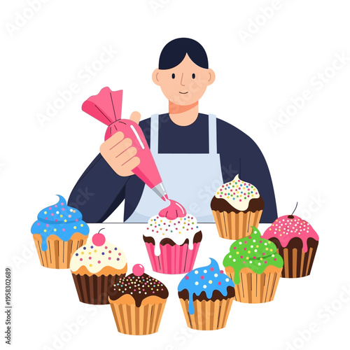 Baker decorating delicious cupcakes with frosting bag.