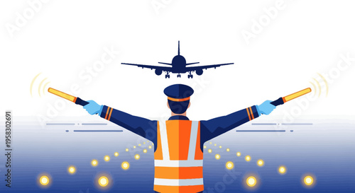 Airport ground crew directing aircraft with illuminated wands.