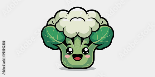 Cute cartoon cauliflower head character with a happy smiling face and blushing cheeks isolated on a white background, perfect design element for healthy food infographics, kids vegetable menu or nutri