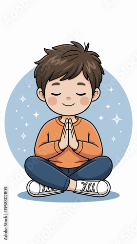 A cute young boy meditating in a peaceful lotus position with hands together in prayer, illustrating mindfulness, calm, mental health, wellness, zen, yoga, inner balance, spirituality, and quiet refle