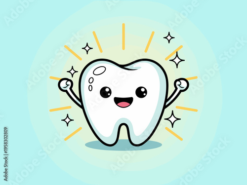 A happy cartoon tooth character with a bright radiant smile waving hands cheerfully on a soft light blue background represents pediatric dentistry, oral hygiene, dental health care, and wellness conce