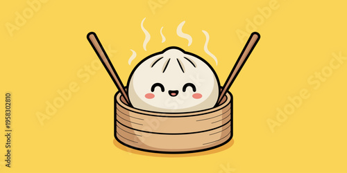 Cute cartoon baozi bun with a happy face resting in a traditional wooden bamboo dim sum steamer basket with chopsticks, featuring steaming hot aromatic Asian food illustration for culinary restaurant 