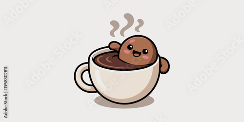 A happy cute brown character relaxing in a steaming hot mug of fresh coffee, perfect for cozy morning concepts, beverage menu designs, social media branding, wholesome lifestyle, and delightful cafe i