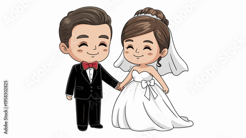 Cute cartoon bride and groom holding hands in traditional wedding attire, vector illustration of a happy married couple, romantic lovely characters for invitation card designs, anniversaries, social m