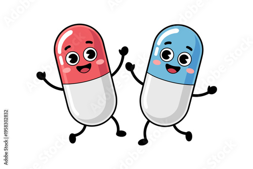 Two happy capsule medicine characters waving hello isolated on white background, cute cartoon pill mascots showing medical treatment efficacy, healthcare pharmacy concept design for kids health illust