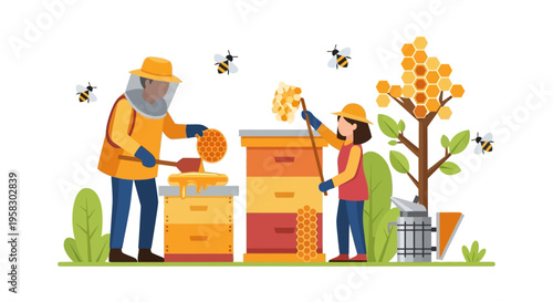 Beekeepers Working Together in Apiary with Honeycomb.