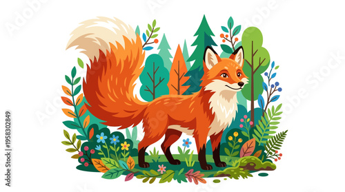 A charming red fox stands alert in a vibrant forest setting.