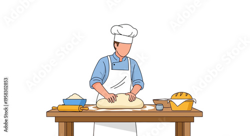 Baker Kneading Dough on Wooden Table with Ingredients.