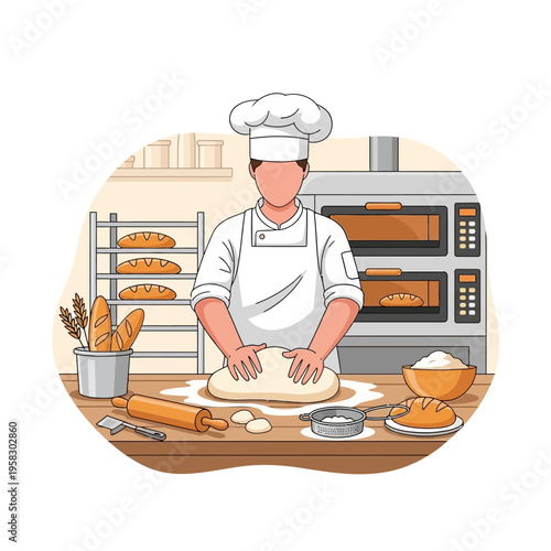 Baker Kneading Dough in Professional Kitchen.