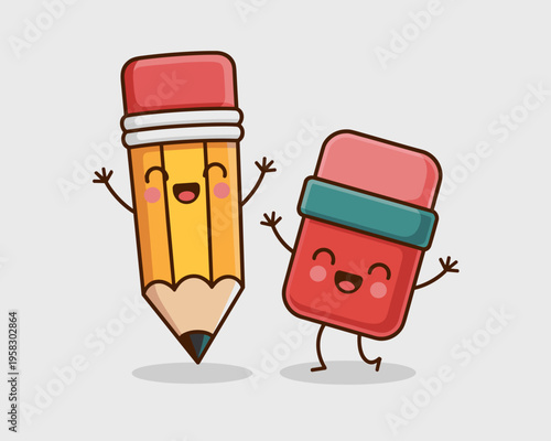 Cute cartoon character pencil and rubber eraser jumping with joyful expressions vector illustration for school educational materials children stationery supplies creative writing design isolated on li