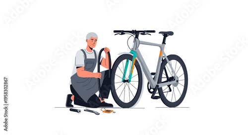 Bicycle Mechanic Repairing A Bicycle Tire.