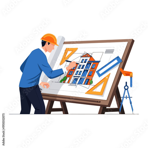 Architect drawing building plans on easel with tools.