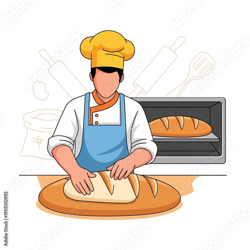 Baker Kneading Dough Preparing Fresh Bread.