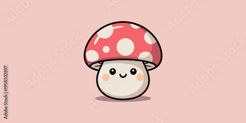 Cute cartoon mushroom character illustration featuring a happy smiling face with rosy cheeks and a spotted red cap isolated on a soft pastel pink background for joyful kids design and nursery decorati