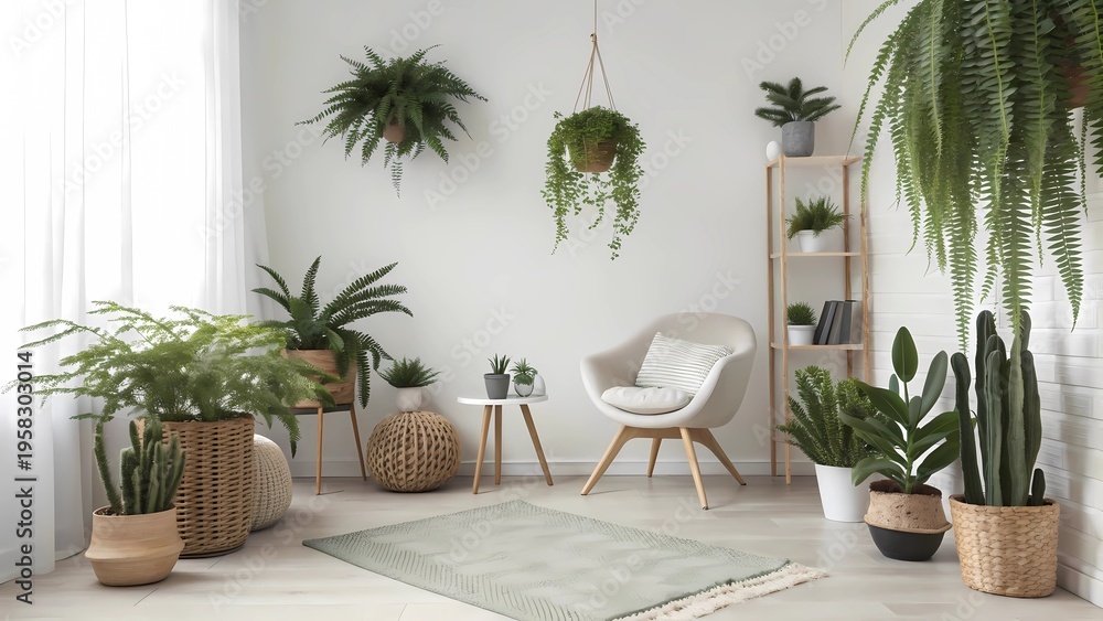 Fototapeta premium Modern Minimalist Reading Nook with Sleek White Armchair, Diverse Hanging Ferns, Potted Cacti, and a Sage Green Geometric Rug for a Serene Professional Interior Aesthetic