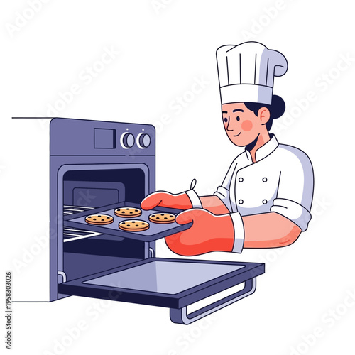 Baker placing cookies into oven for baking.