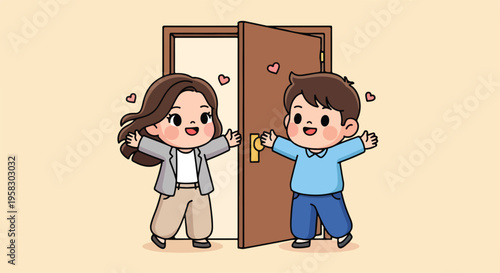 A cartoon illustration of a woman and a boy standing excitedly in front of an open brown door with hearts floating around them.