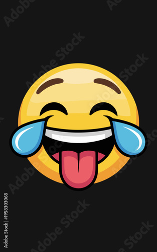 A vibrant yellow laughing emoji face displaying uncontrollable laughter with large streaming tears and extending tongue isolated on a plain dark background for digital communication graphic design web
