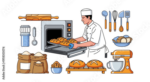 Baker placing tray of freshly baked bread into oven.