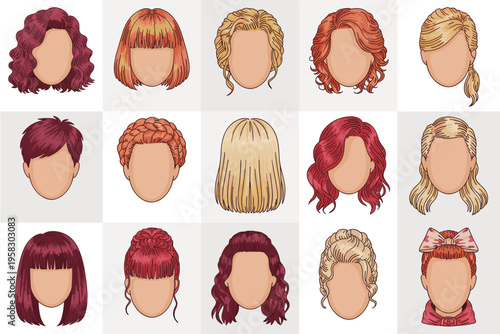 Set of assorted trendy woman hairstyles on flat icons depicting various haircuts like bobs updos braids curly and straight locks designed for beauty salon character design projects and diverse fashion