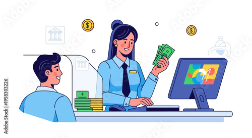 Bank teller counting money for customer at counter.