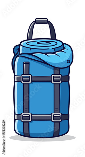 Blue Camping Backpack with Rolled Sleeping Mat.