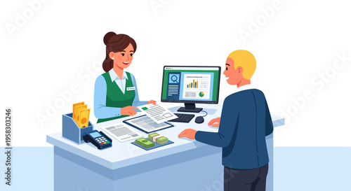 Bank Teller Assisting Customer at Counter with Documents and Computer.