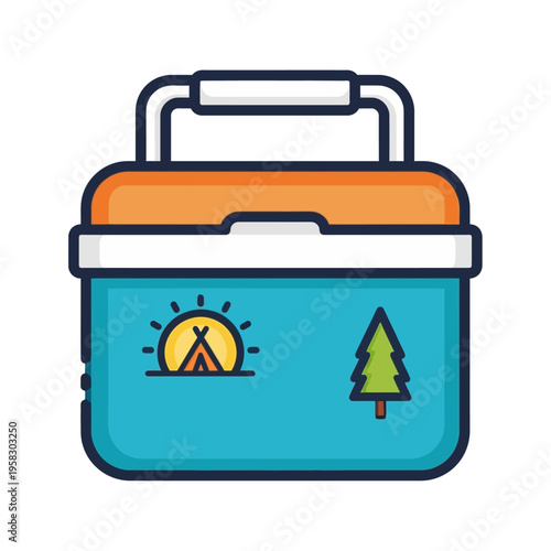 Blue Camping Cooler with Tent and Tree Graphics.
