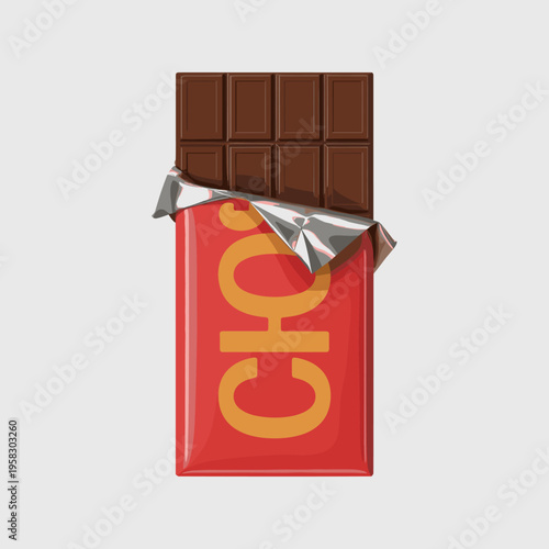 A delicious milk chocolate bar wrapped in shiny silver foil with premium red packaging isolated on a clean white background for culinary branding projects, dessert advertising design, or sweet food me