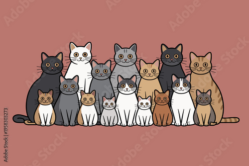 Diverse group of adorable colorful cats sitting together in a row creating a charming feline portrait against a plain background for pet shop branding, veterinary clinic promotion or animal rescue pos