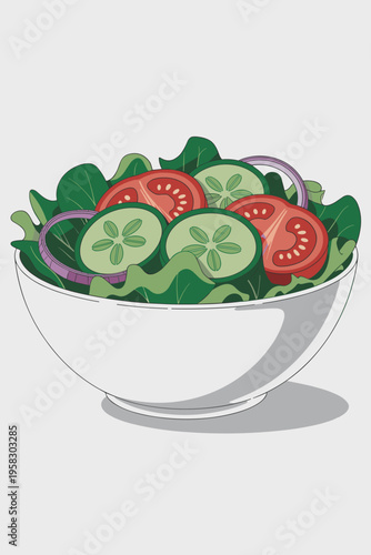 A crisp freshness concept illustrated by a vibrant mixed garden salad in a clean white porcelain bowl featuring sliced cucumbers red tomatoes and purple onion rings arranged artistically for healthy d