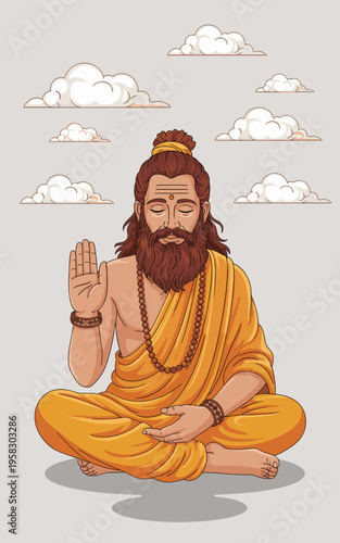 Wise saint enlightened man in saffron robe meditating for inner peace in lotus position with hand mudra blessing gesture floating meditation sky background for spiritual mindfulness yoga wellness conc