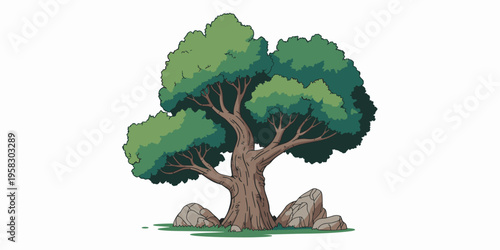 A majestic sturdy oak tree with lush green foliage spreads wide branches over weathered grey boulders in a serene landscape illustration perfect for natural environmental design projects and outdoor t