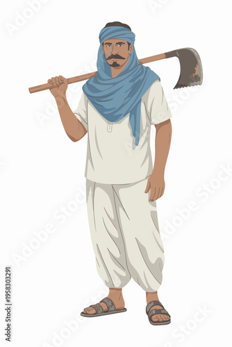 A traditional Indian farmer standing holding a farm tool hoe over his shoulder wearing a light ethnic kurta outfit with a blue head turban isolated on a white background conveying rural labor and hard