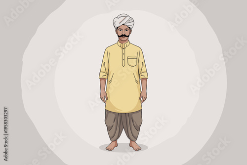 A proud Indian village man wearing traditional yellow kurta and brown dhoti with a white turban standing against a plain background, representing rural lifestyle, historical fashion and folk heritage