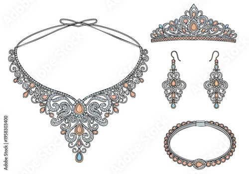 Exquisite collection of royal jewelry featuring a detailed necklace, elegant earrings, and a sparkling bracelet, all adorned with precious gems
