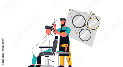 Barber cutting hair of a client in a salon.