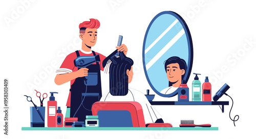 Barber cutting hair in salon with mirror reflection.