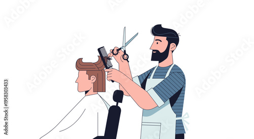 Barber cutting hair of a client in a salon.