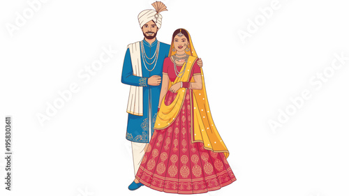Happy Indian wedding couple standing together in traditional ethnic bridal attire, handsome groom in blue sherwani and turban with beautiful bride in red lehenga choli, cultural celebration love roman