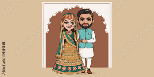 A beautiful Indian bride and groom standing together in traditional wedding attire, illustrating an elegant couple in love during a festive celebration within an ornate archway for ceremony event desi