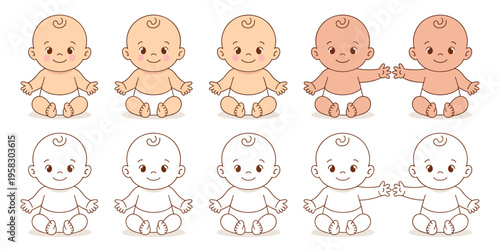 Set of cute happy baby character illustrations in vector style showing seated infants with outstretched arms and simple line art outlines perfect for diverse child education print projects and nursery