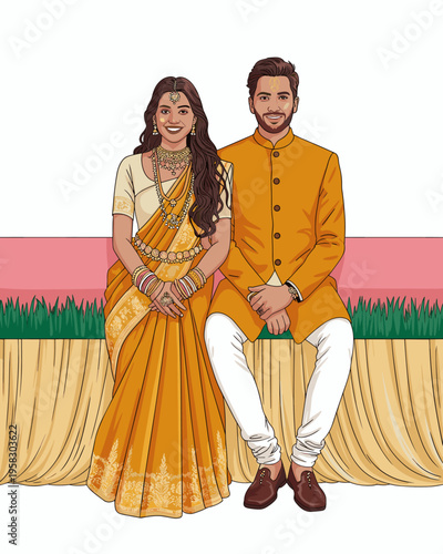 A stunning Indian couple in traditional wedding attire sitting together for a festive celebration portrait, elegant yellow saree and sherwani outfit, cheerful matrimonial ceremony, cultural diversity 