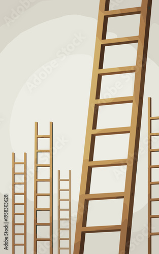 Staircase to success concept with wooden ladders of varying heights representing career growth progress climbing ambitions professional development opportunities and business advancement goals isolate
