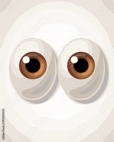 Minimalist digital illustration of two realistic brown human eyes staring directly ahead on a clean white background, conveying surprise or intense observation for creative design, advertising, and pr