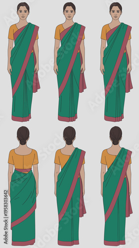 A detailed fashion illustration showing a sequence of saree draping steps from front and back perspectives, showcasing traditional Indian ethnic wear, textile drapes, clothing design concepts, and cul